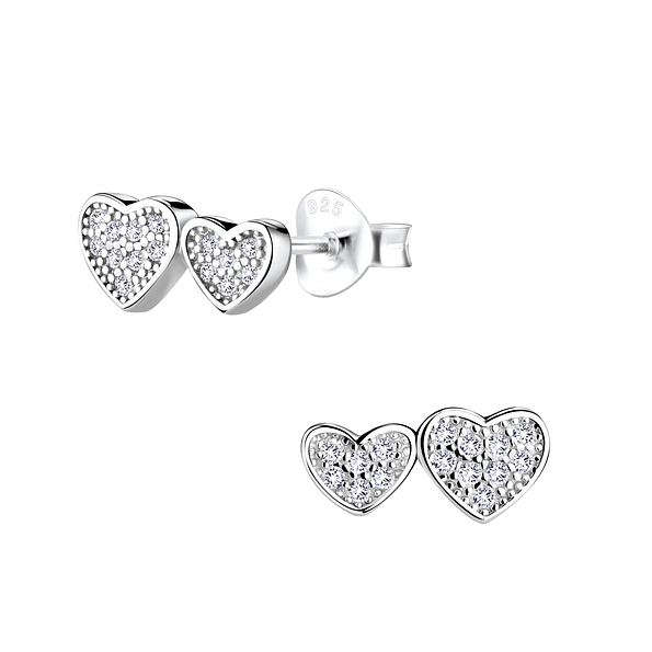 Silver Double Heart Stud Earrings - 8712