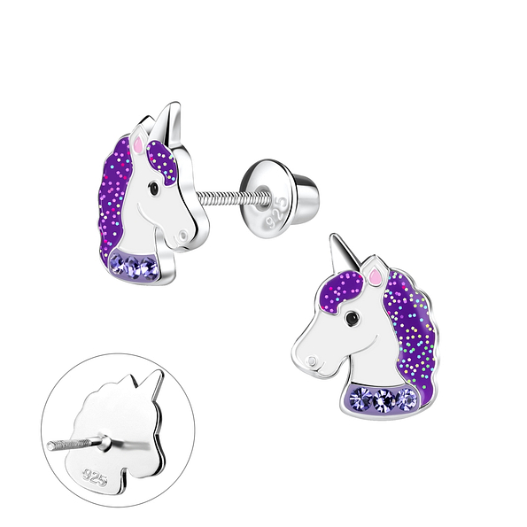 Silver Unicorn Screw Back Bullet Earrings - 9380