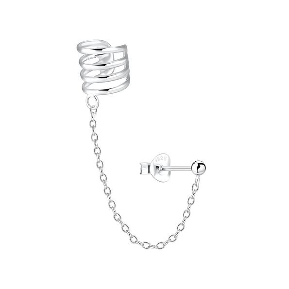 Silver Ball Stud Earring and Four Line Ear Cuff with Chain - 8982