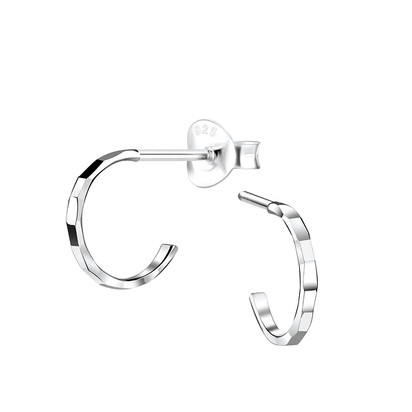 Silver Half Hoop Stud Earrings with Diamond Cut - 9080
