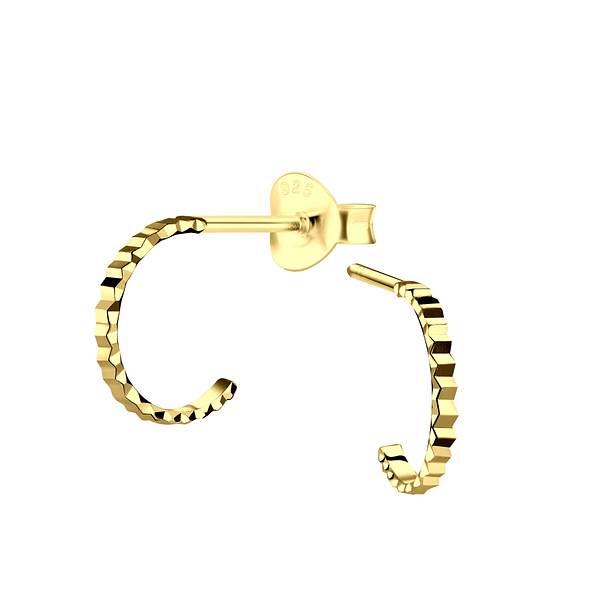 Silver Half Hoop Stud Earrings with Diamond Cut - 8977