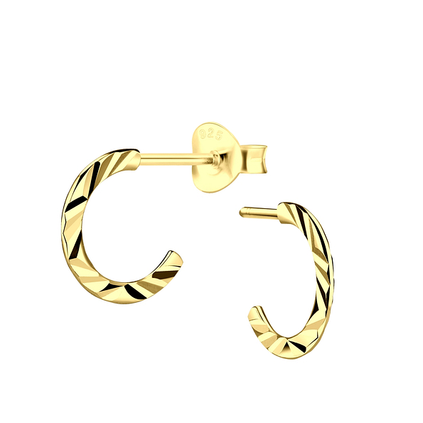 Silver Half Hoop Stud Earrings with Diamond Cut - 8979