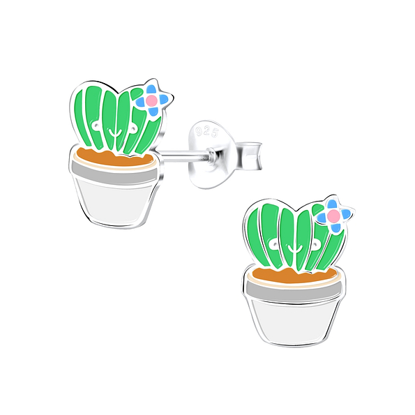 Silver Cactus Stud Earrings - 9074
