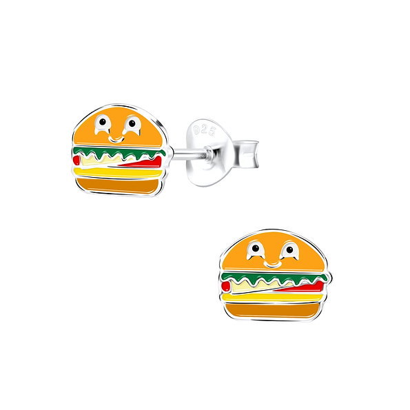 Silver Burger Stud Earrings - 9125