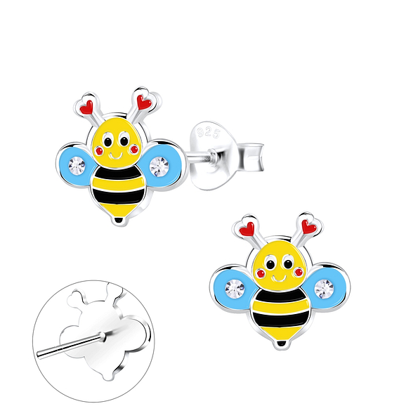 Silver Crystal Bee Stud Earrings - 9346