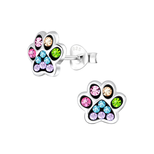 Silver Paw Print Stud Earrings - 9265