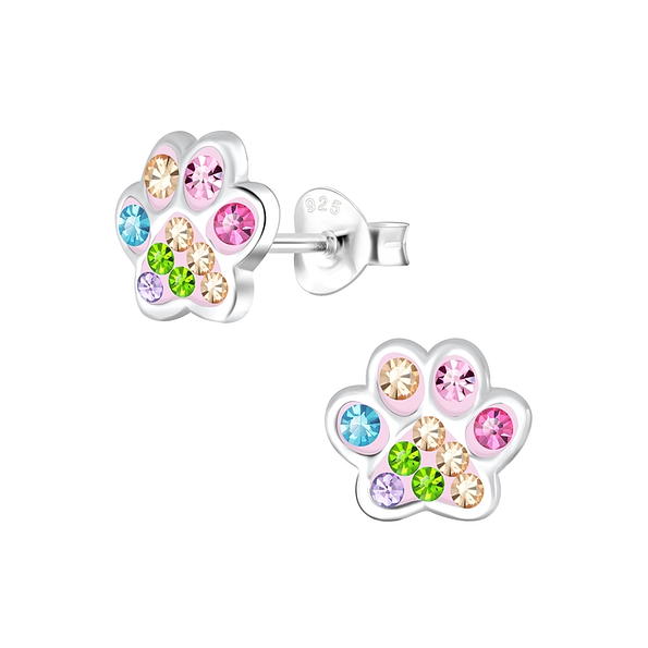 Silver Paw Print Stud Earrings - 9267