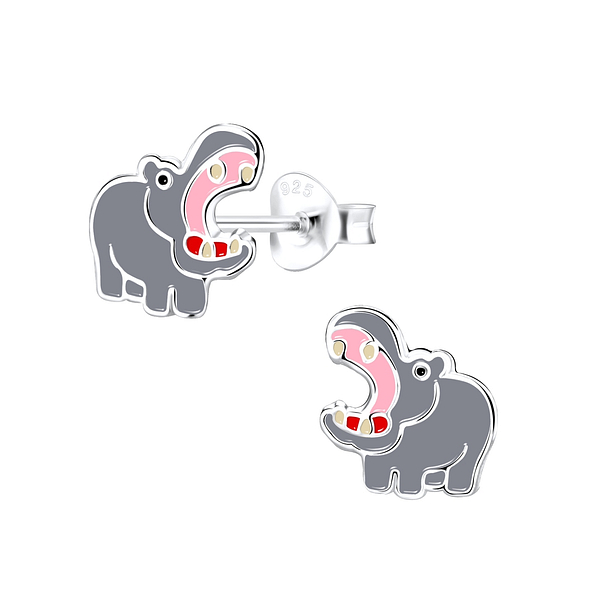 Silver Hippopotamus Stud Earrings - 9273