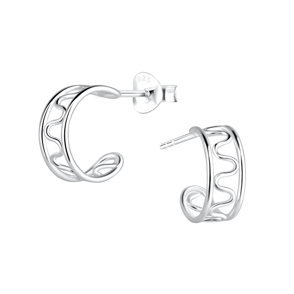 Silver Wave Half Hoop Stud Earrings - 9254
