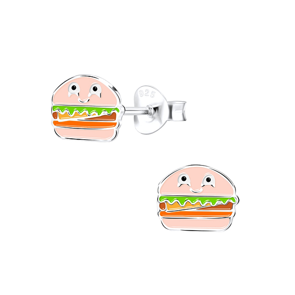 Silver Burger Stud Earrings - 9342