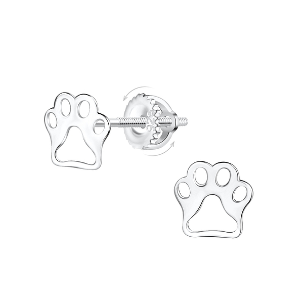 Silver Paw Print Screw Back Earrings - 9376
