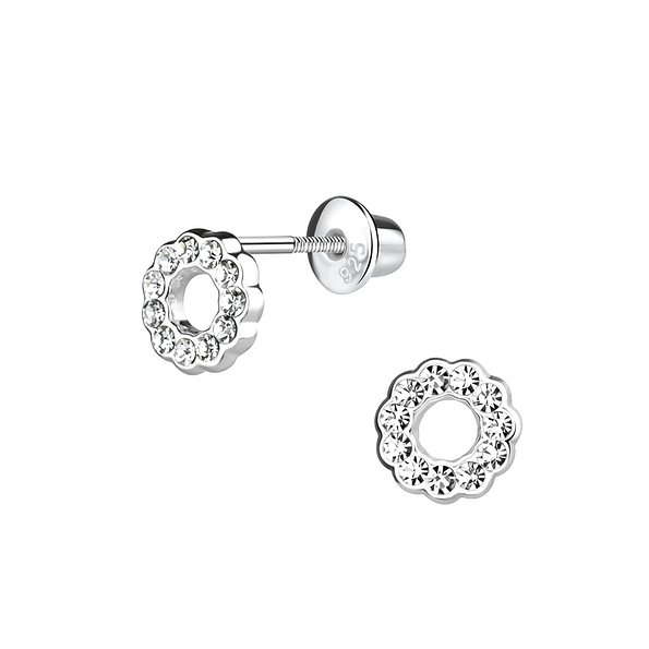Silver Flower Screw Back Bullet Earrings - 9513