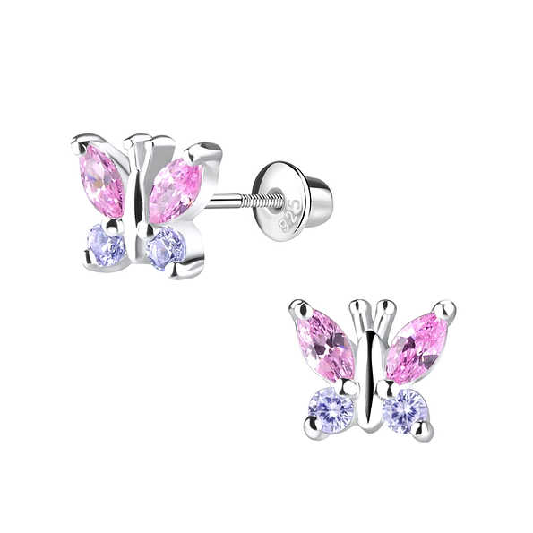Silver Butterfly Screw Back Bullet Earrings - 9516