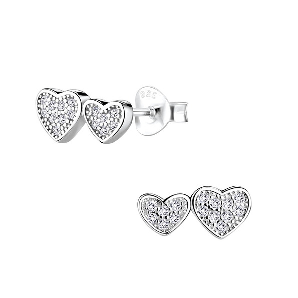 Silver Double Heart Stud Earrings - 9548
