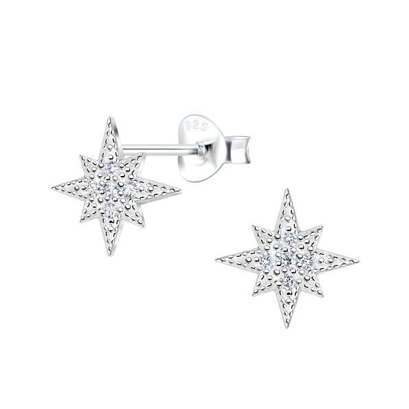Silver Starburst Stud Earrings - Wholesale - 9554