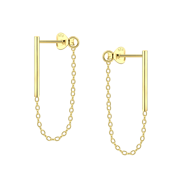 Silver Bar Stud Earrings With Chain - 9659