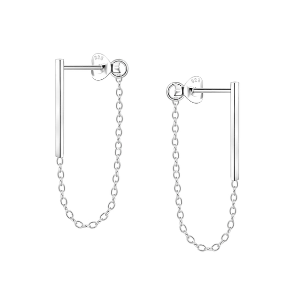 Silver Bar Stud Earrings With Chain - 5474