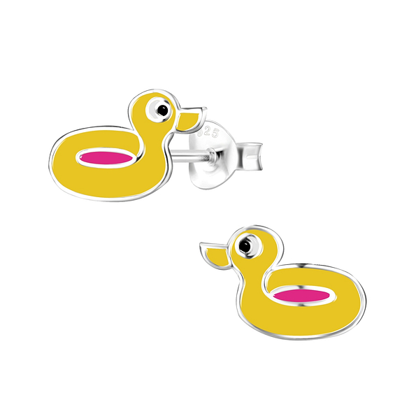 Silver Duck Rubber Ring Stud Earrings - 9836