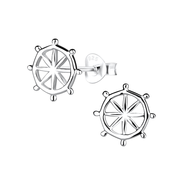 Silver Ship Wheel Stud Earrings - 9773