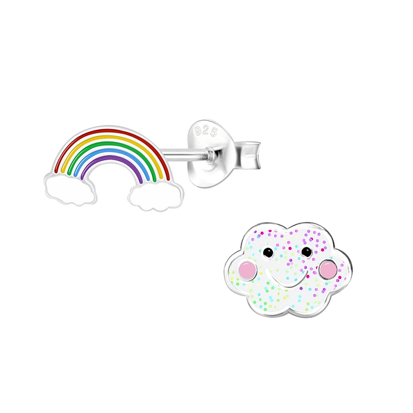 Silver Rainbow and Cloud Stud Earrings - 9948