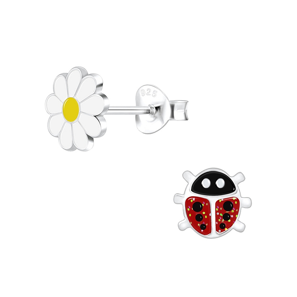 Silver Ladybug and Flower Stud Earrings - 9949