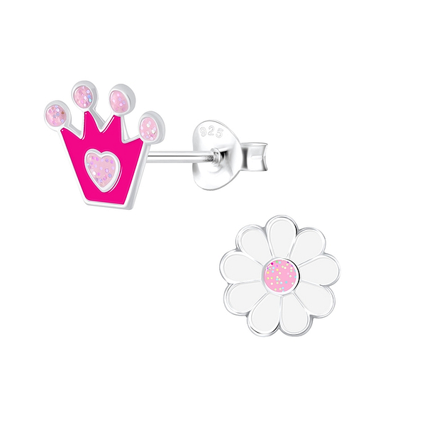 Silver Crown and Flower Stud Earrings - 9950 Silver Crown and Flower Stud Earrings - 9950