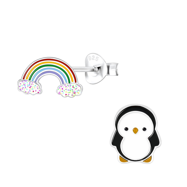 Silver Rainbow and Penguin Stud Earrings - 9951
