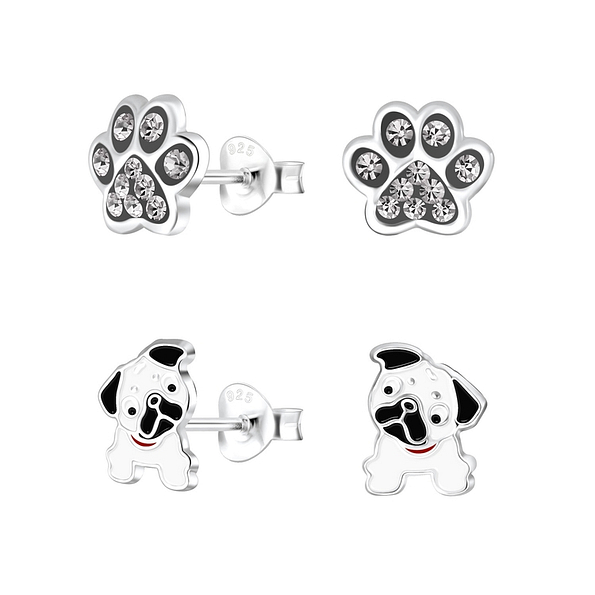 Silver Dog Lovers Stud Earrings Set - 9967