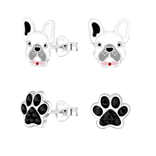 Silver Dog Lovers Stud Earrings Set - 9968