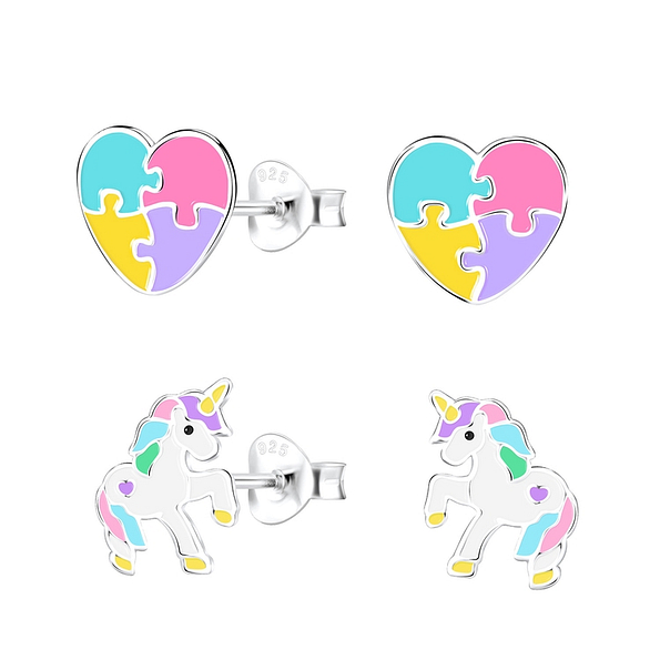 Silver Unicorn Lovers Stud Earrings Set - 9963 Silver Unicorn Lovers Stud Earrings Set - 9963