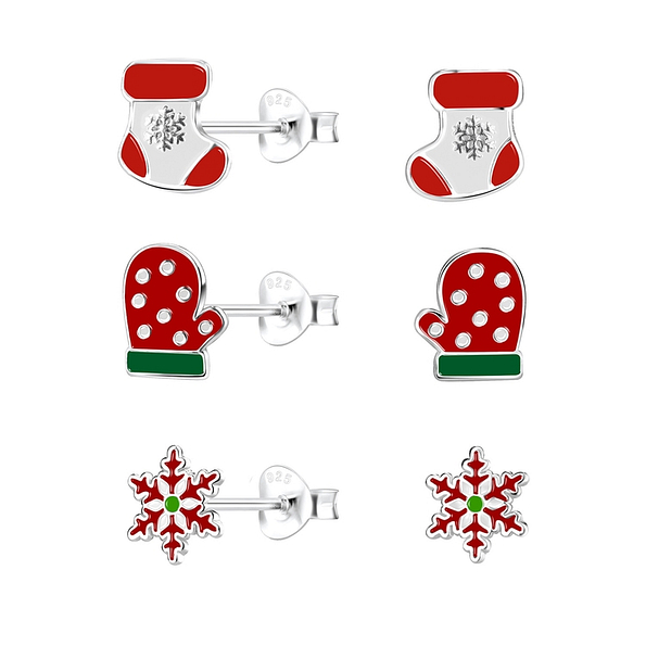 Silver Christmas Holiday Stud Earrings Set - 9969