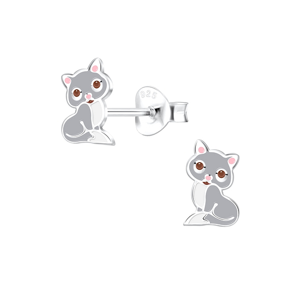Silver Cat Stud Earrings - 10495