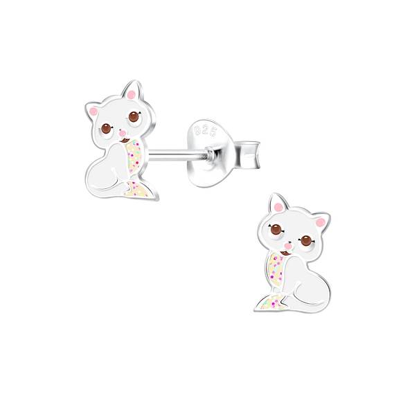 Silver Cat Stud Earrings - 10150