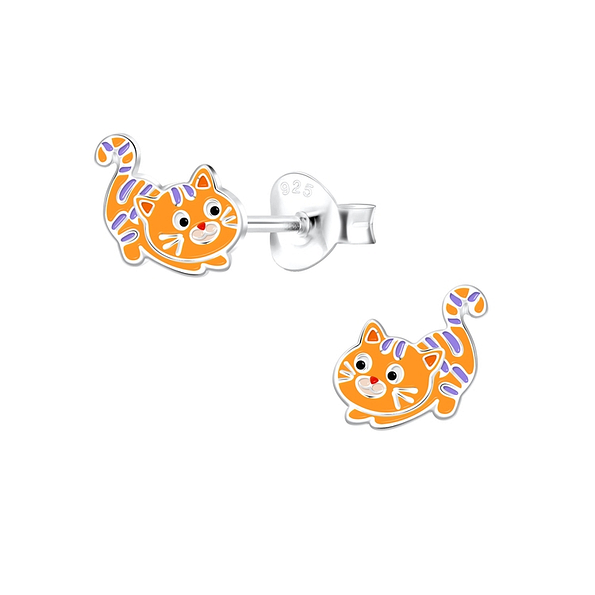 Silver Cat Stud Earrings - 10151
