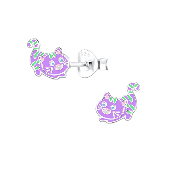 Silver Cat Stud Earrings - 10513