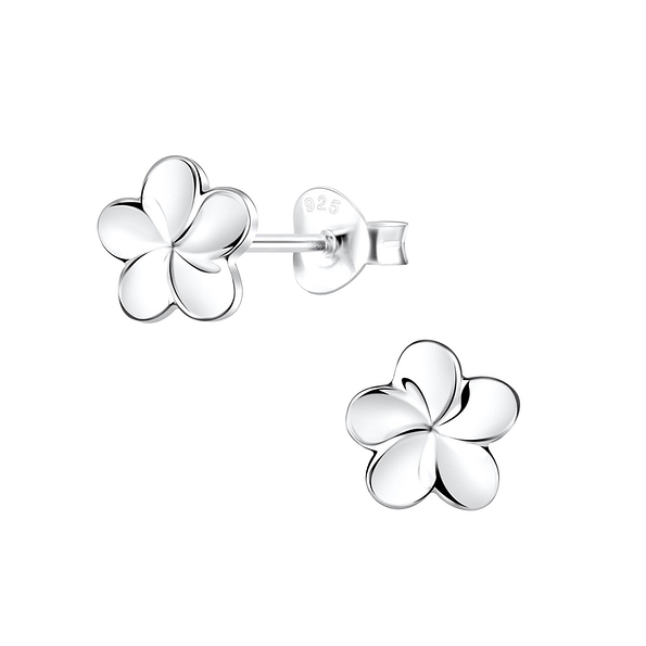 Silver Plumeria Flower Stud Earrings - 10110