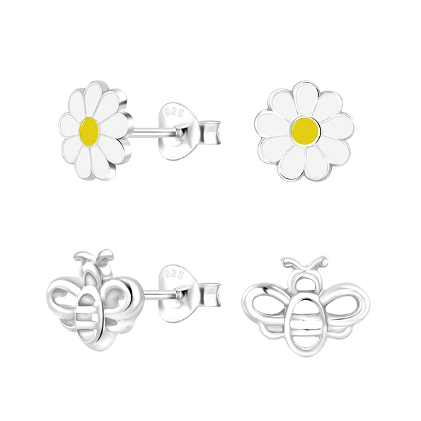 Silver Flower and Bee Stud Earrings Set - 10038