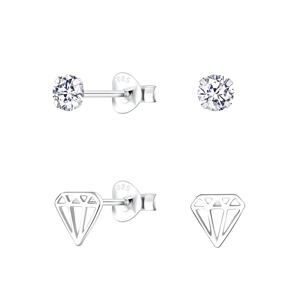 Silver Sparkling Stud Earrings Set - 10039