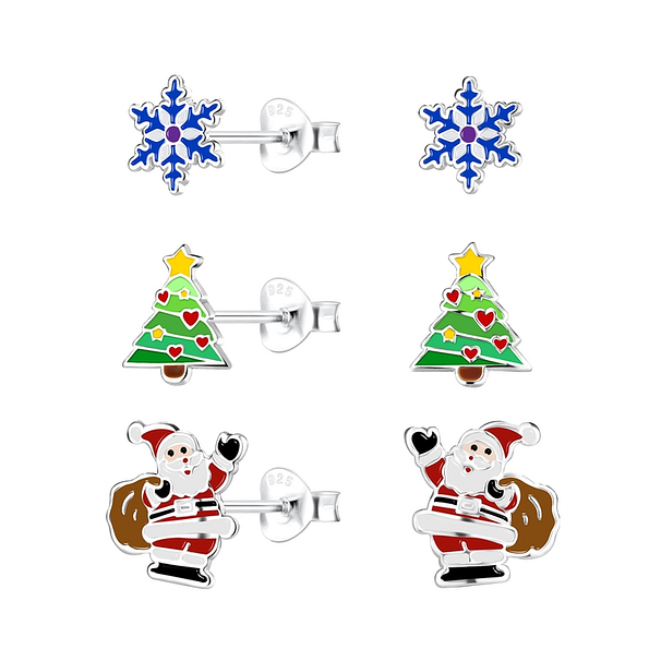 Silver Christmas Holiday Stud Earrings Set - 10026