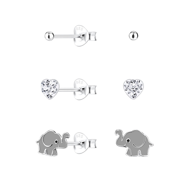 Silver Elephant Stud Earrings Set - 10027