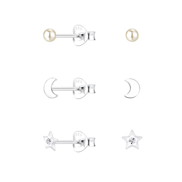 Silver Moon and Star Stud Earrings Set - 10023