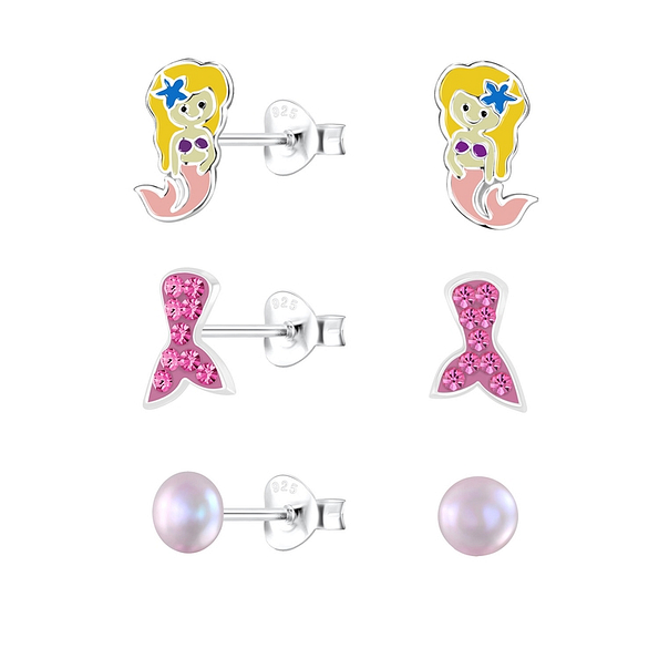 Silver Mermaid Stud Earrings Set - 10040