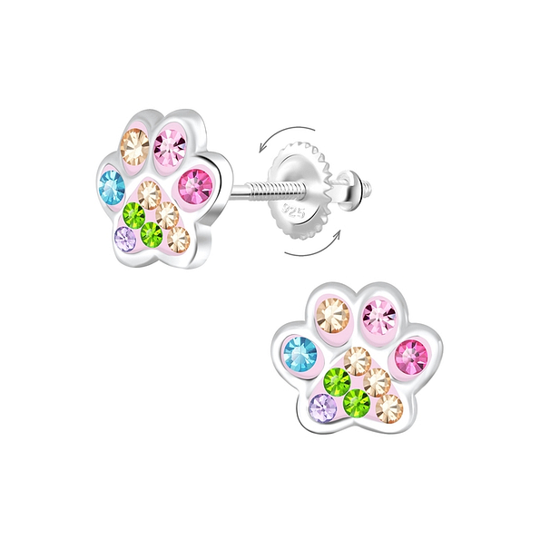 Silver Paw Print Crystal Screw Back Earrings - 10117