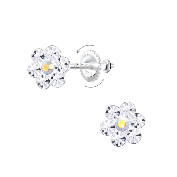Silver Flower Crystal Screw Back Earrings - 10068