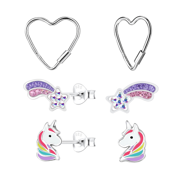 Silver Unicorn Stud Earrings Set - 10021