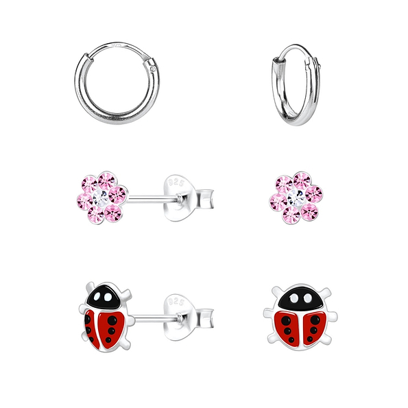 Silver Flower and Ladybug Stud Earrings Set - 10019