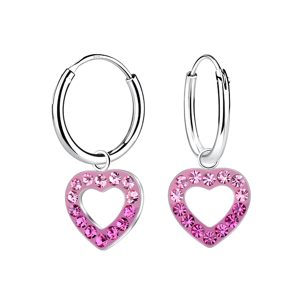 Silver Heart Crystal Charm Hoop Earrings - 18517