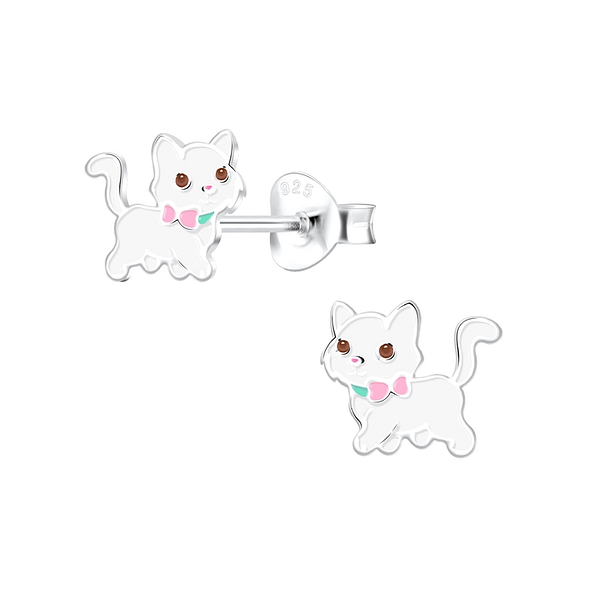 Silver Cat Stud Earrings - 10149