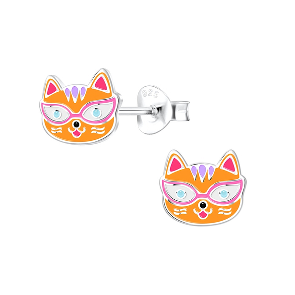Silver Cat Stud Earrings - 10577