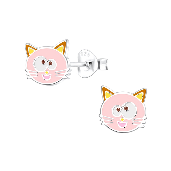 Silver Cat Stud Earrings - 10153